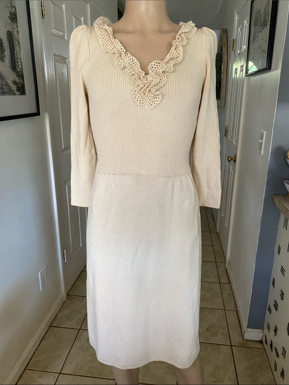 St John vintage Cream Lace-Trim Knit Dress - Elegant V-Neck Women’s Dress